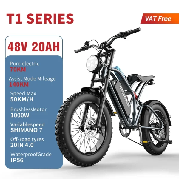 EKX T1 Electric Bike 1000W, 48V 20Ah, 20x40 Fat Tires, Road & Mountain MTB