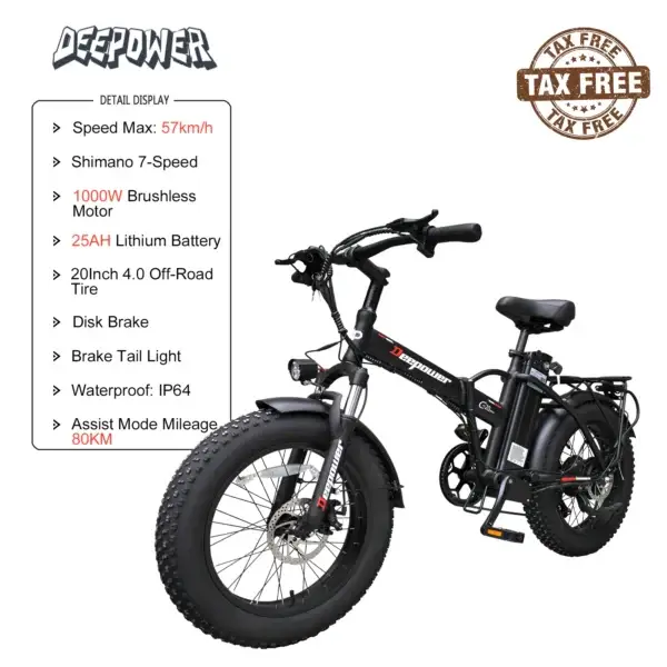 DEEPOWER G20Pro 1000W Folding Electric Bicycle 1000W 48V 25AH Fat Tire Ebike Mountain 20 Inch Electric Bike Beach Cycling E bike