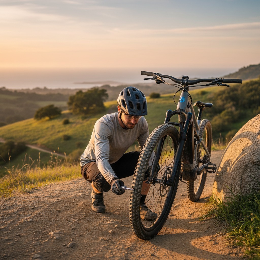 E-Bike Spoke Tension: When and How to True Your Wheels 3 A male e-bike rider in a helmet kneels on a dusty California bike trail at sunset, inspecting the spokes and tire of his e-mountain bike