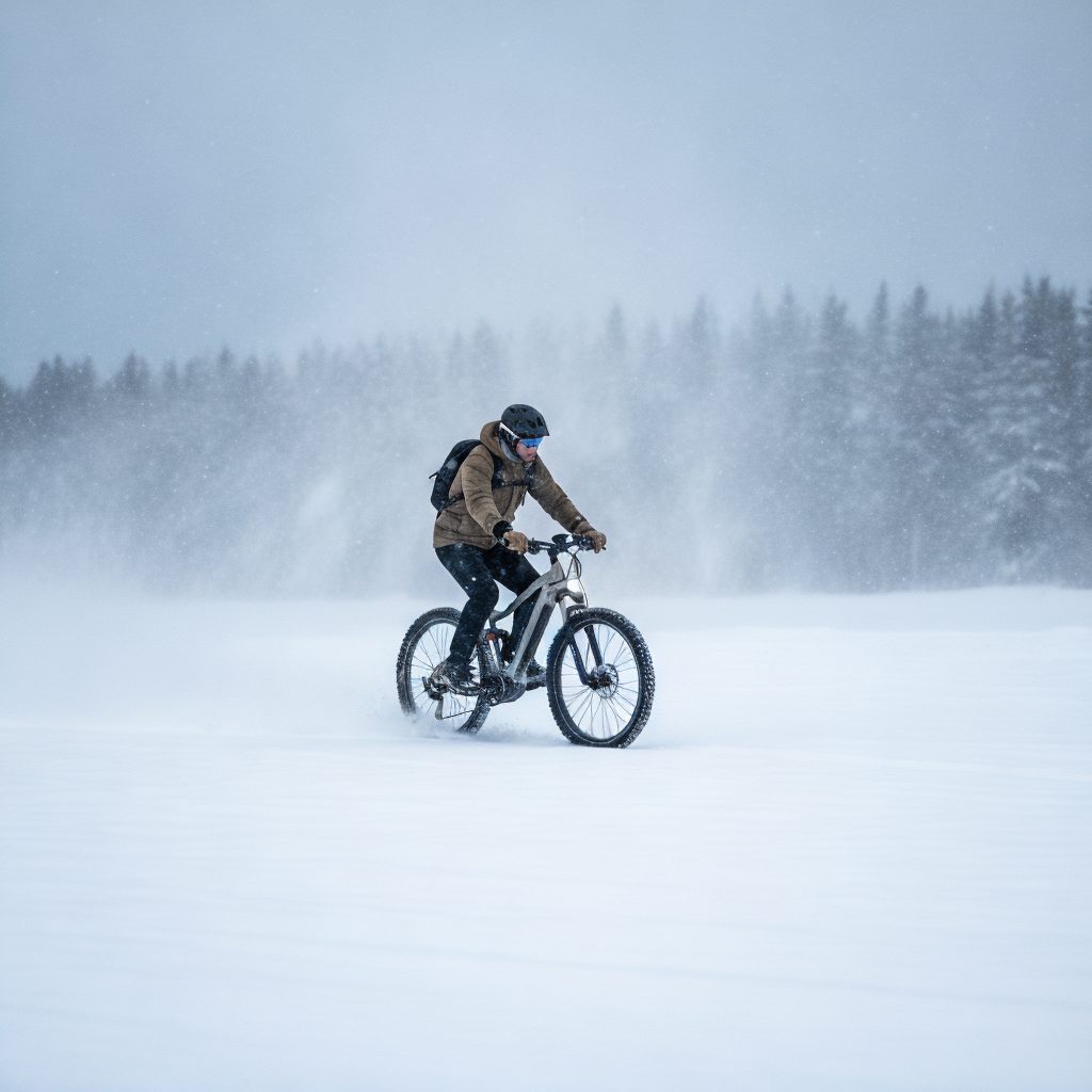 E-Bike Winter Storage: Protecting Your Bike During Cold Months 1 A person in winter cycling gear rides an e-bike through a vast, snow-covered landscape during a snowstorm