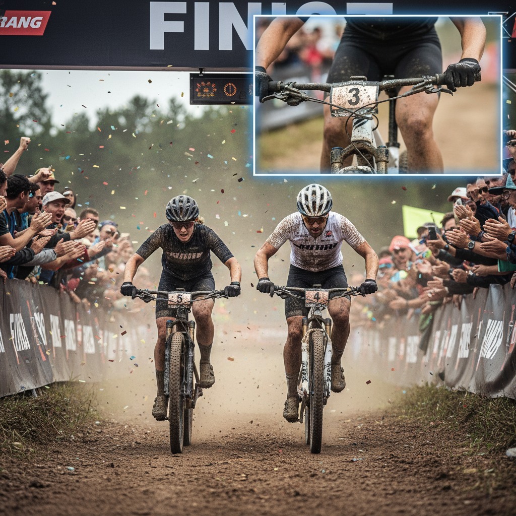 E-Bike Derailleur Adjustment: Smooth Shifting Every Time 2 Two e-bike racers intensely sprint towards a finish line amidst cheering crowds and confetti,