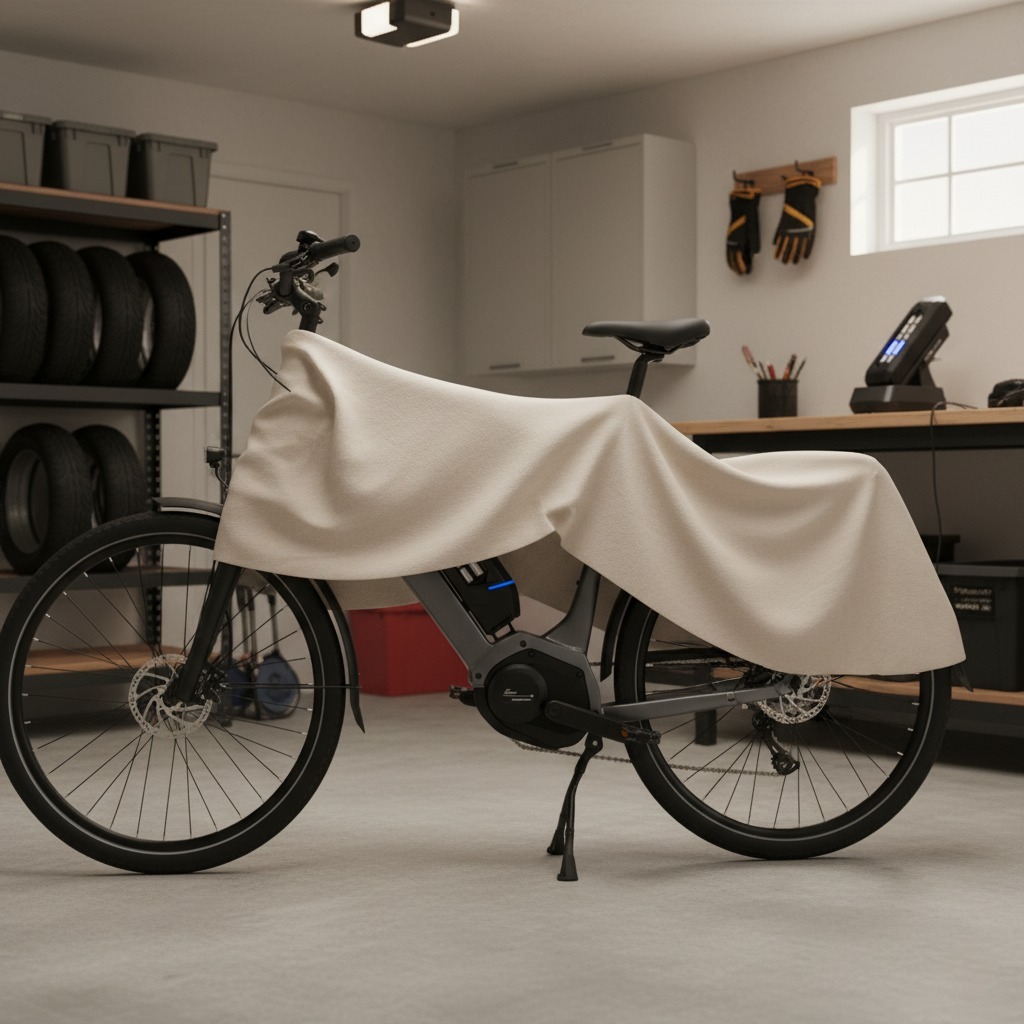 E-Bike Winter Storage: Protecting Your Bike During Cold Months 4 An e-bike covered with a light-colored sheet, parked neatly in a well-lit garage, ready for winter storage
