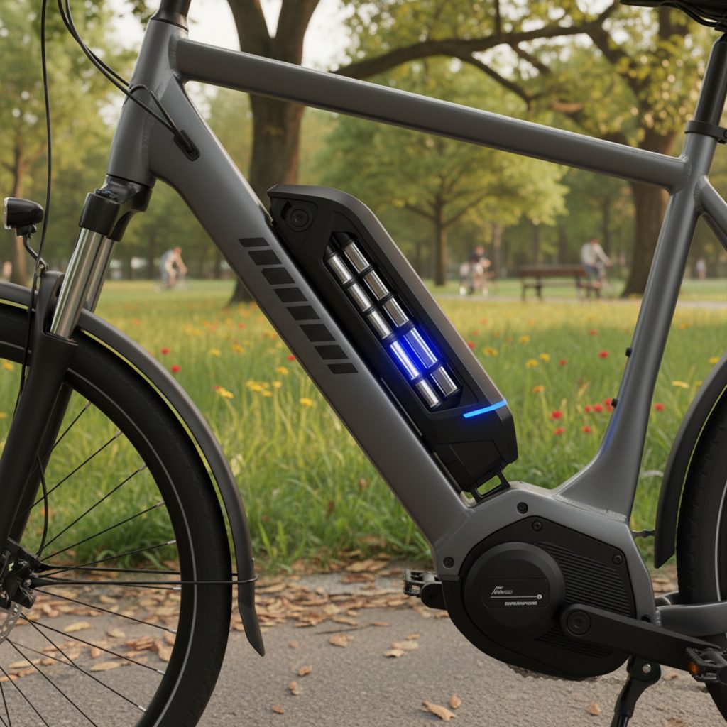E-Bike Battery Care: Maximizing Lifespan and Performance 5 A close-up of an e-bike battery integrated into the down tube, glowing with a blue light,