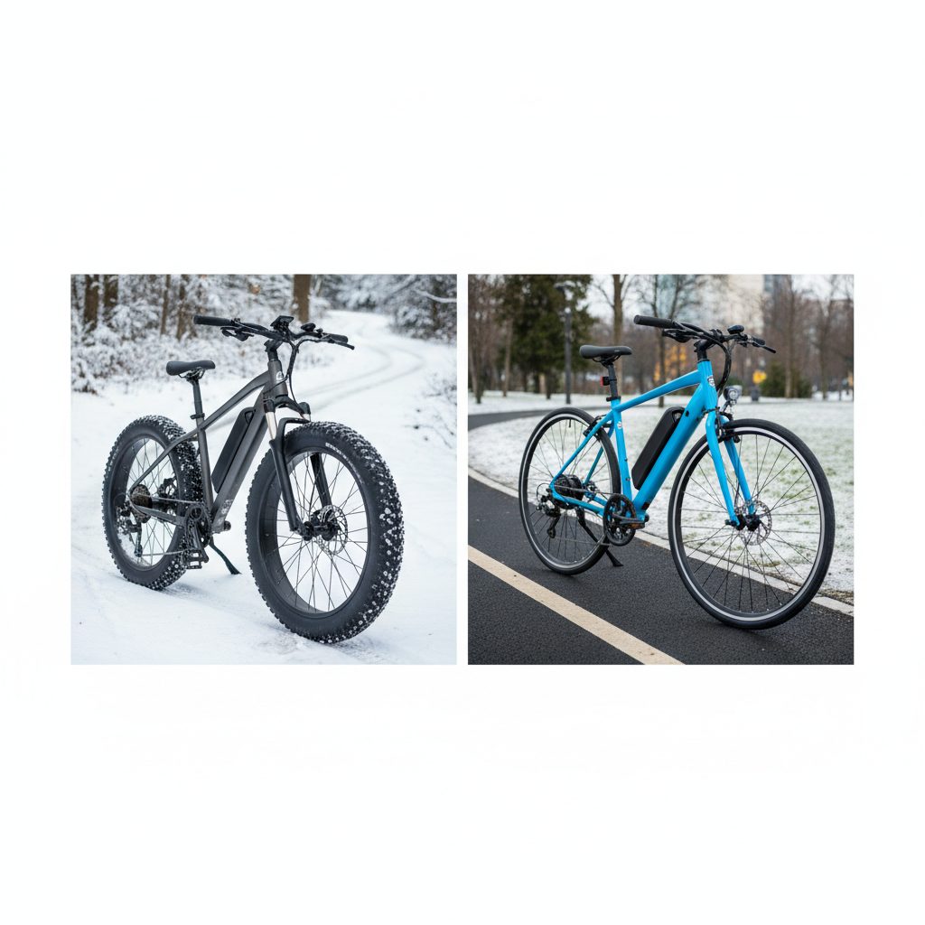 A fat tire e-bike on a snowy path compared to a regular e-bike on a paved bike path, highlighting their different uses.