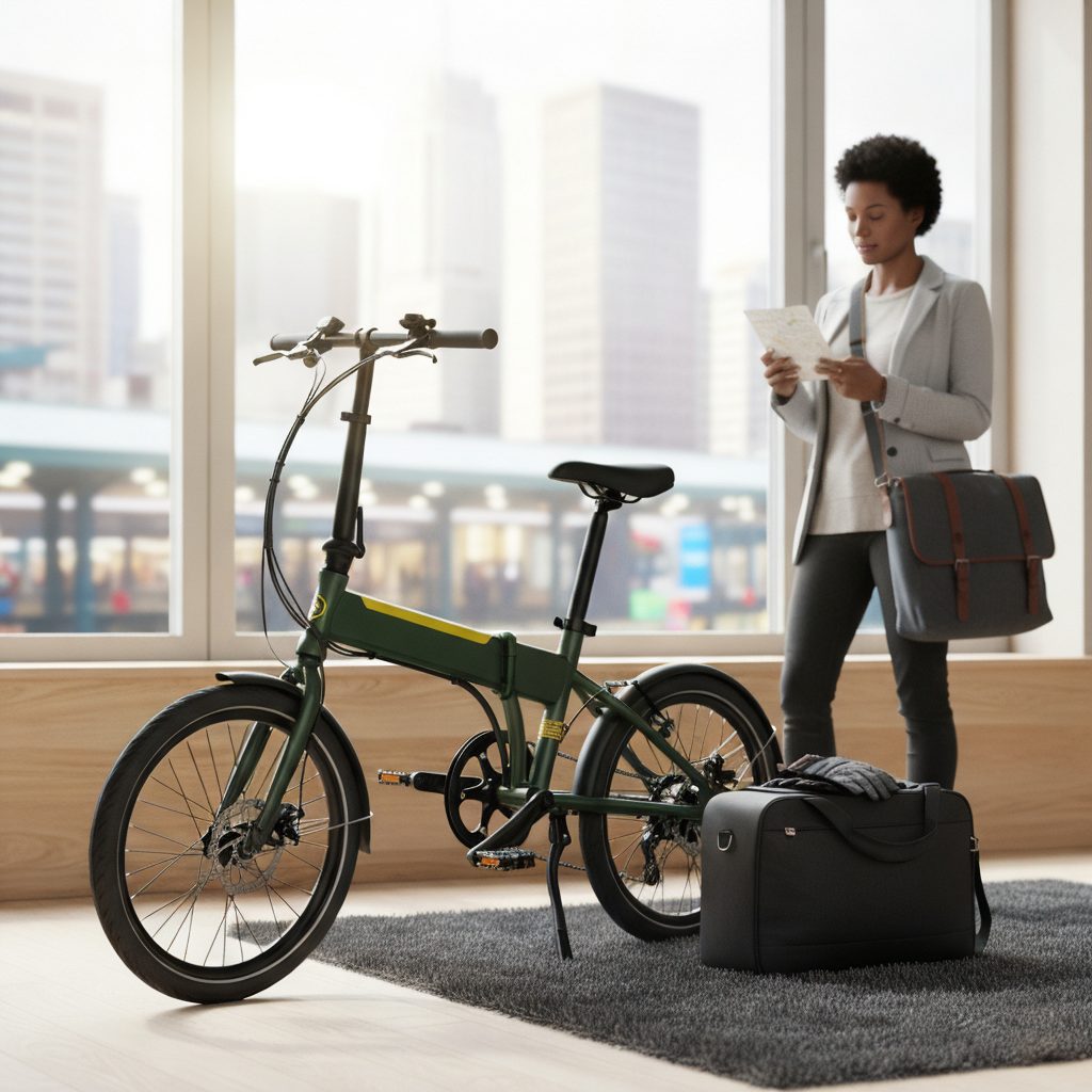 A stylish, dark green folding e-bike with yellow accents stands ready for a commute