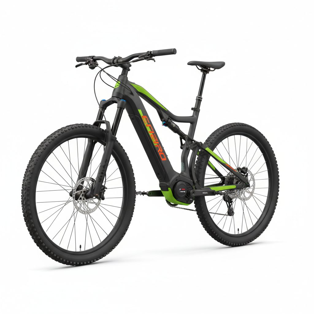 A sleek, modern full-suspension electric mountain bike with a black and neon green frame, disc brakes, and rugged tires