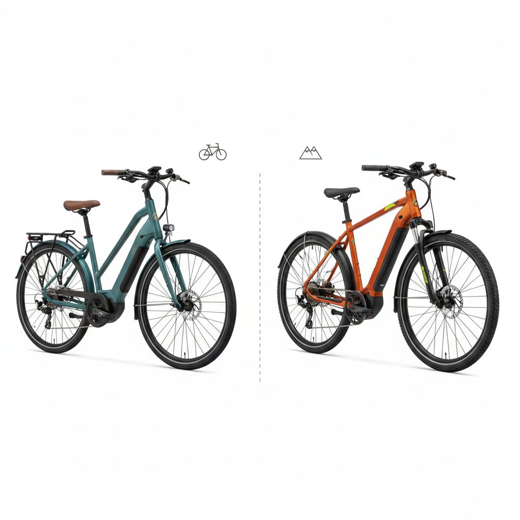 A teal city e-bike with a step-through frame on the left, and an orange and black hybrid e-bike with a step-over frame on the right, separated by a dotted line, against a clean white background.