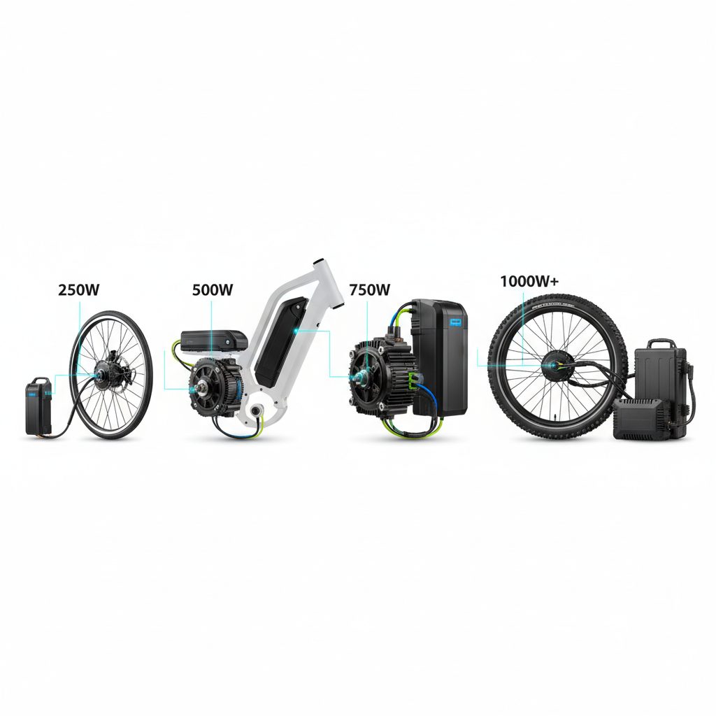 A side-by-side comparison of different e-bike motor types and their power ratings (250W, 500W, 750W, 1000W+).