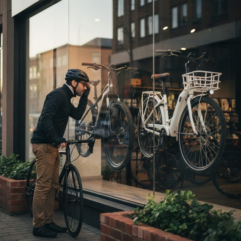 A cyclist in a helmet peers into a store window, observing two e-bikes displayed inside, one black mountain e-bike and one white step-through e-bike with a front basket