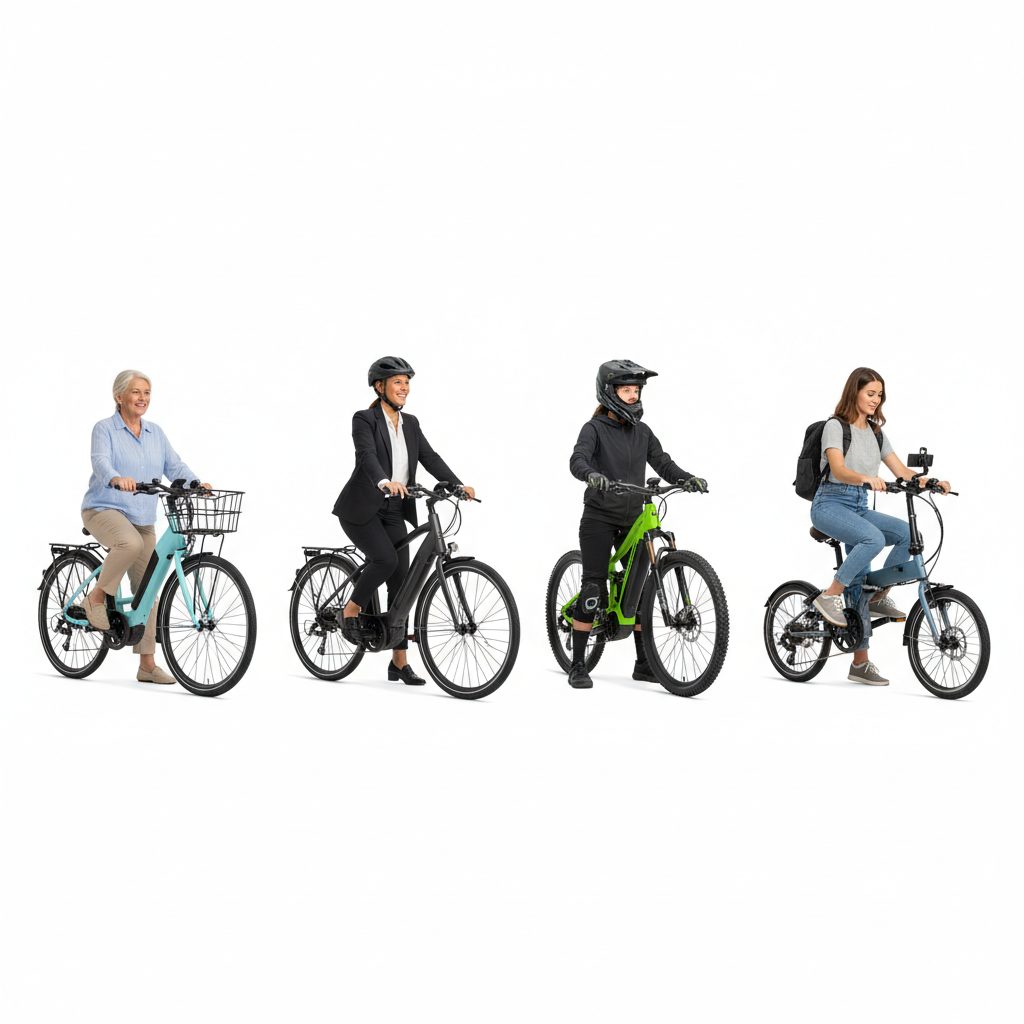 Four women of different ages and styles riding various e-bike types (step-through commuter, traditional commuter, mountain, folding)