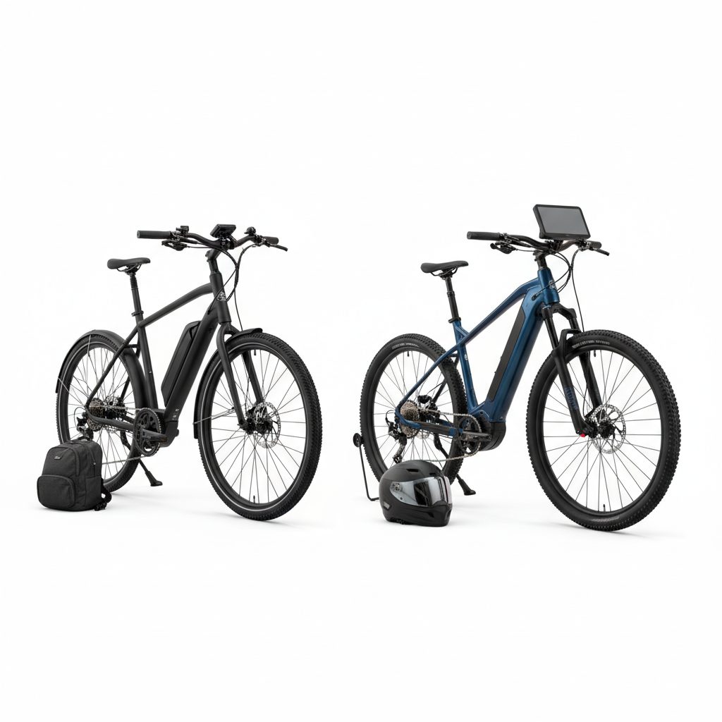 A side-by-side comparison of a basic budget e-bike and a premium, high-end e-bike on a bright white background, illustrating the difference in design and component quality.