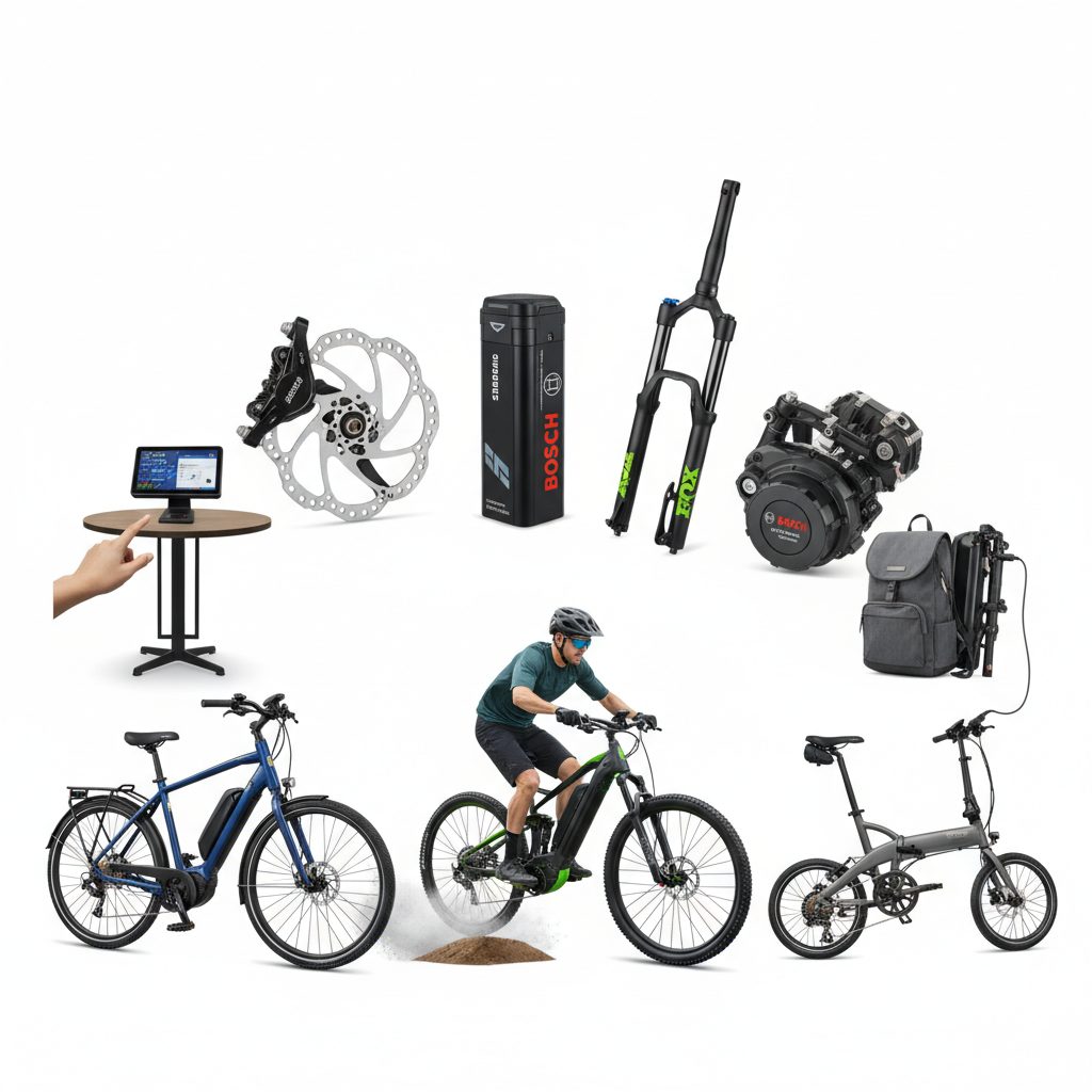 A collage of premium e-bike components including a Bosch mid-drive motor, Fox suspension fork, hydraulic disc brakes, and a high-capacity Bosch battery, alongside diverse e-bike types like a commuter bike, a mountain e-bike with a rider, and a folded e-bike.