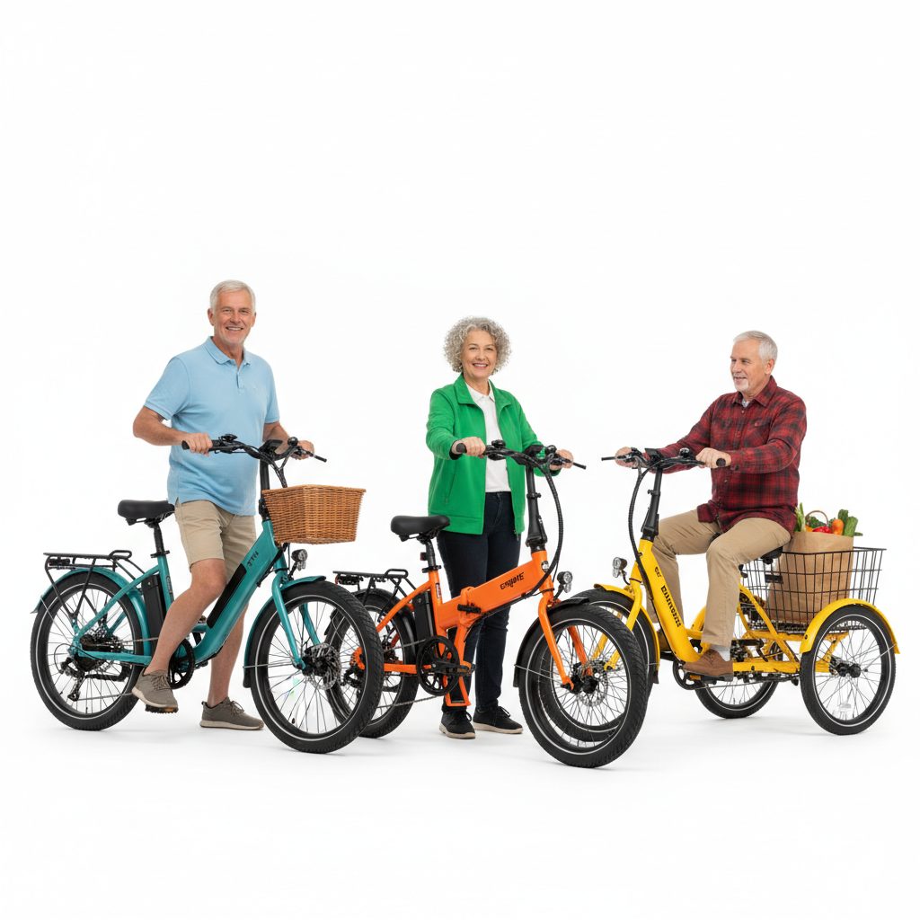 Three cheerful senior riders with their e-bikes: a man with a step-through hybrid, a woman with a compact folding e-bike, and another man on a stable adult electric tricycle