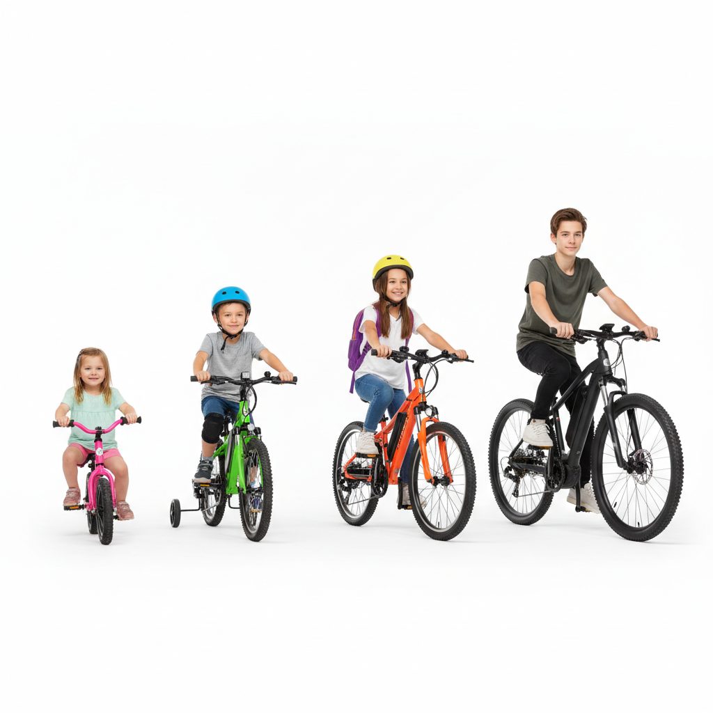 A diverse group of children of different ages, from a toddler on a pink balance e-bike to a teenager on a larger adult-style electric mountain bike, all wearing helmets and smiling