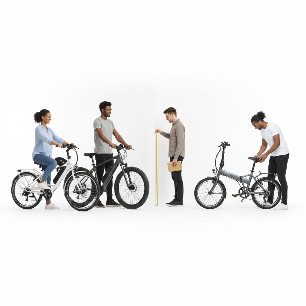 A diverse group of people comparing different e-bike types and sizes