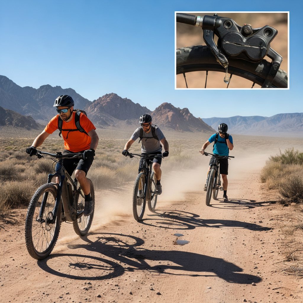 E-bike riders, Nevada desert, hydraulic brake bleed