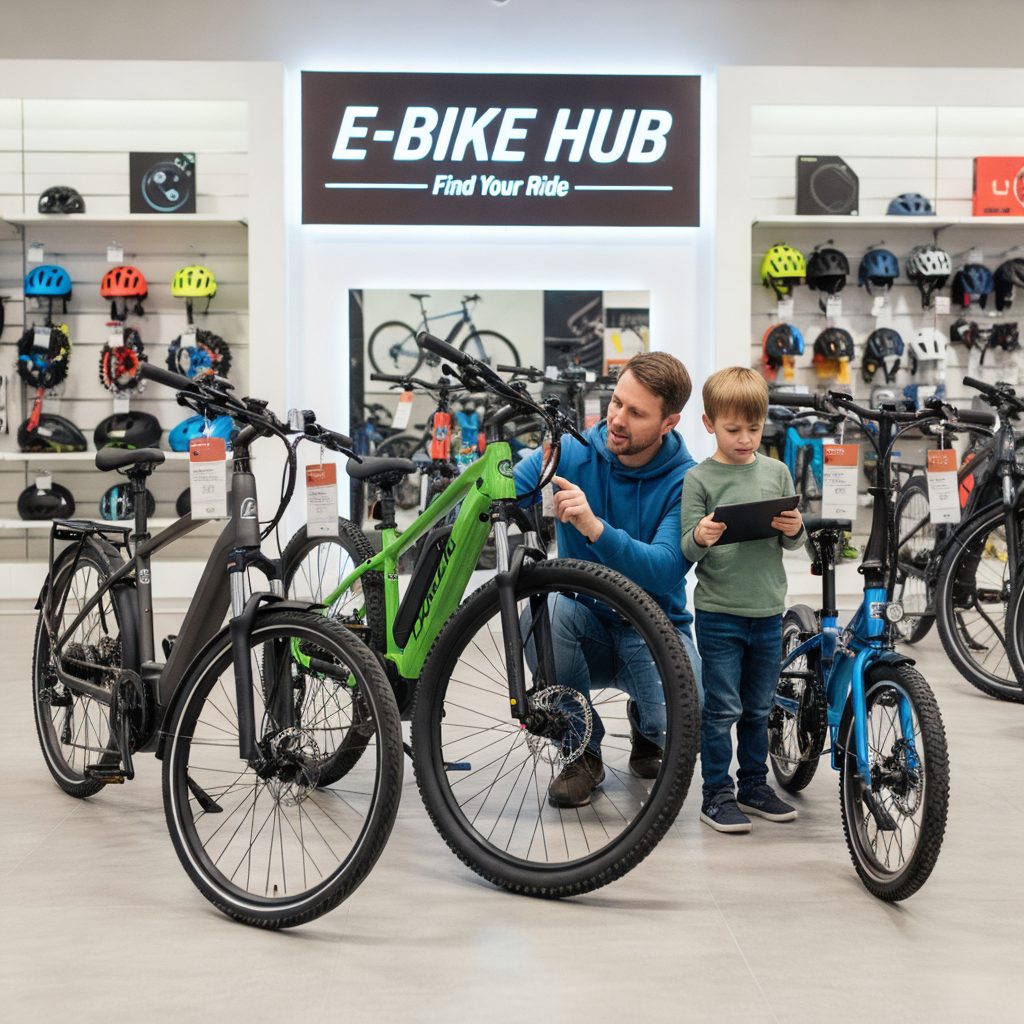 Father and sons compare e-bike prices in modern store