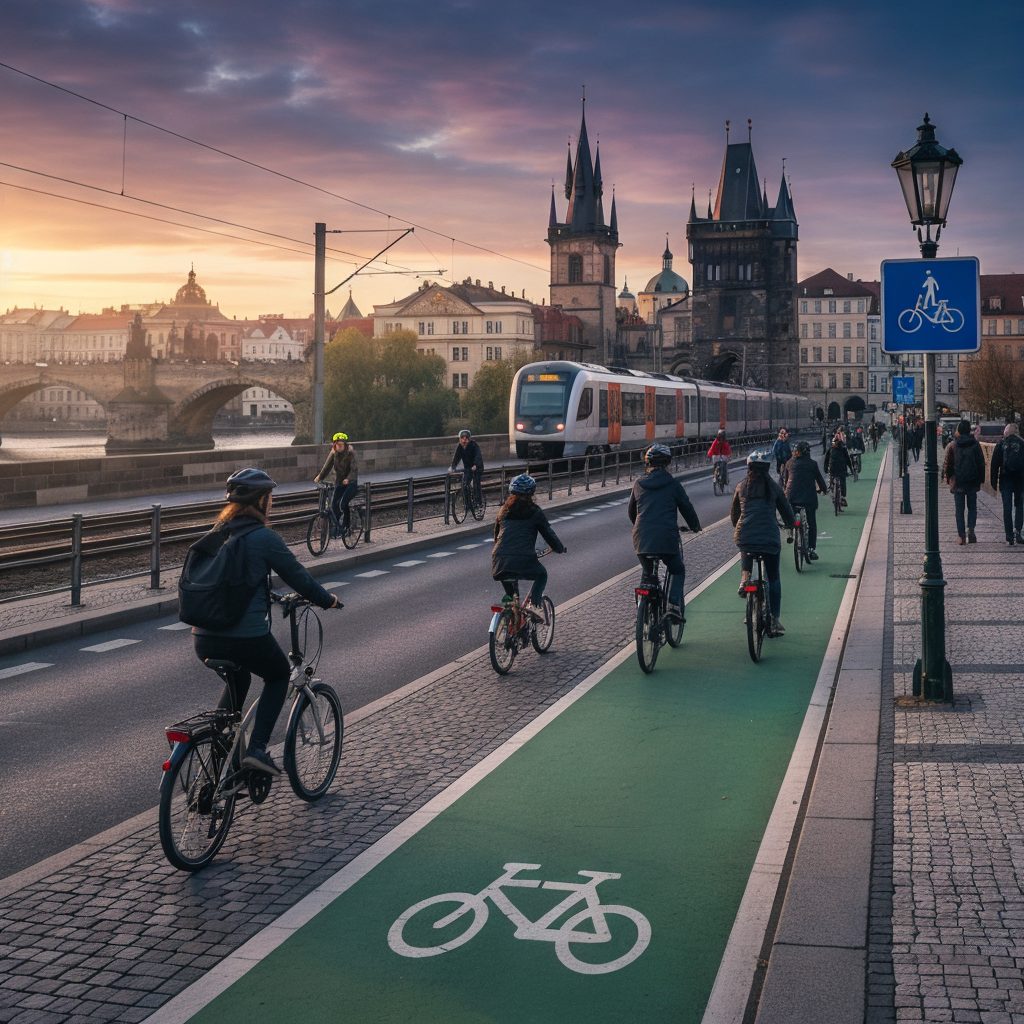 Prague cityscape with e-bikes, train, and bike lanes